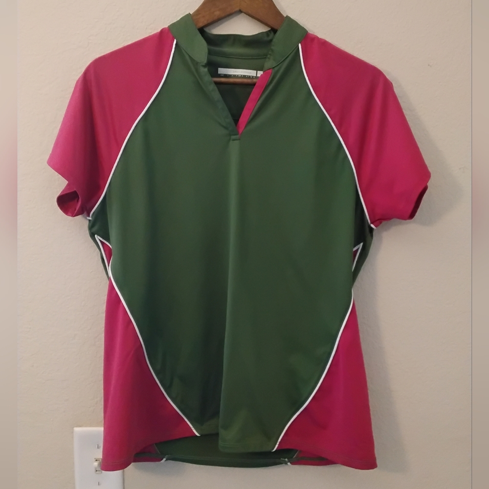 Greg Norman Collection Golf Polo‎ Top Womens Medium Olive Fuscia Preppy Athletic